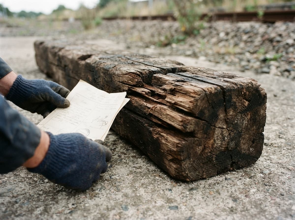 Une traverse en bois ancienne et usée avec des entailles repose au sol, à côté d'une main gantée tenant une fiche de provenance.