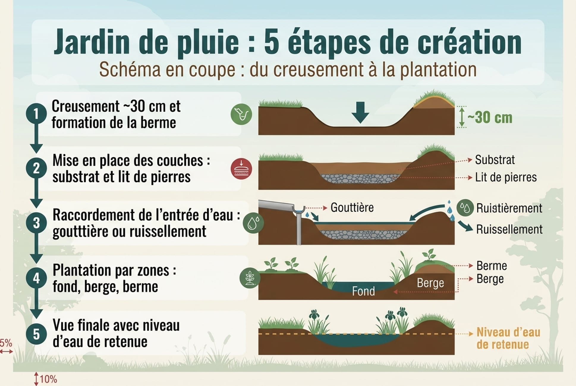 Schéma jardin de pluie en coupe technique