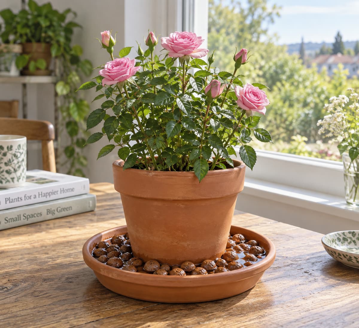 Petit rosier miniature en pot posé sur une table près d’une grande fenêtre lumineuse, avec un lit de billes d’argile humides sous le pot.