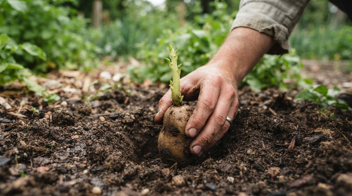 Main plaçant un plant de pomme de terre germé verticalement dans un trou, germe pointant vers le haut.