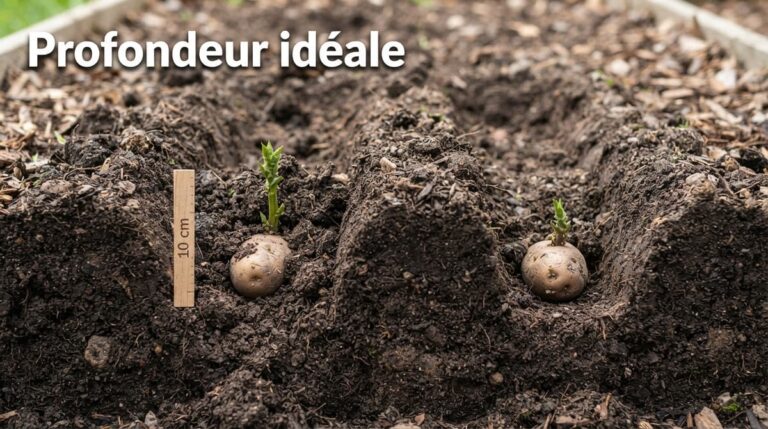 Coupe de sol de jardin montrant un plant de pomme de terre placé dans un sillon de 10 cm, germe vers le haut, terre meuble, espacement entre plants et texte 'Profondeur idéale' affiché.