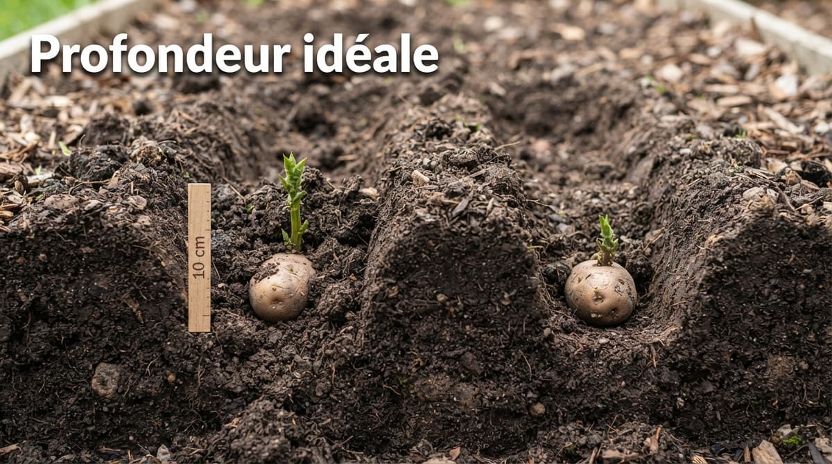 Coupe de sol de jardin montrant un plant de pomme de terre placé dans un sillon de 10 cm, germe vers le haut, terre meuble, espacement entre plants et texte 'Profondeur idéale' affiché.