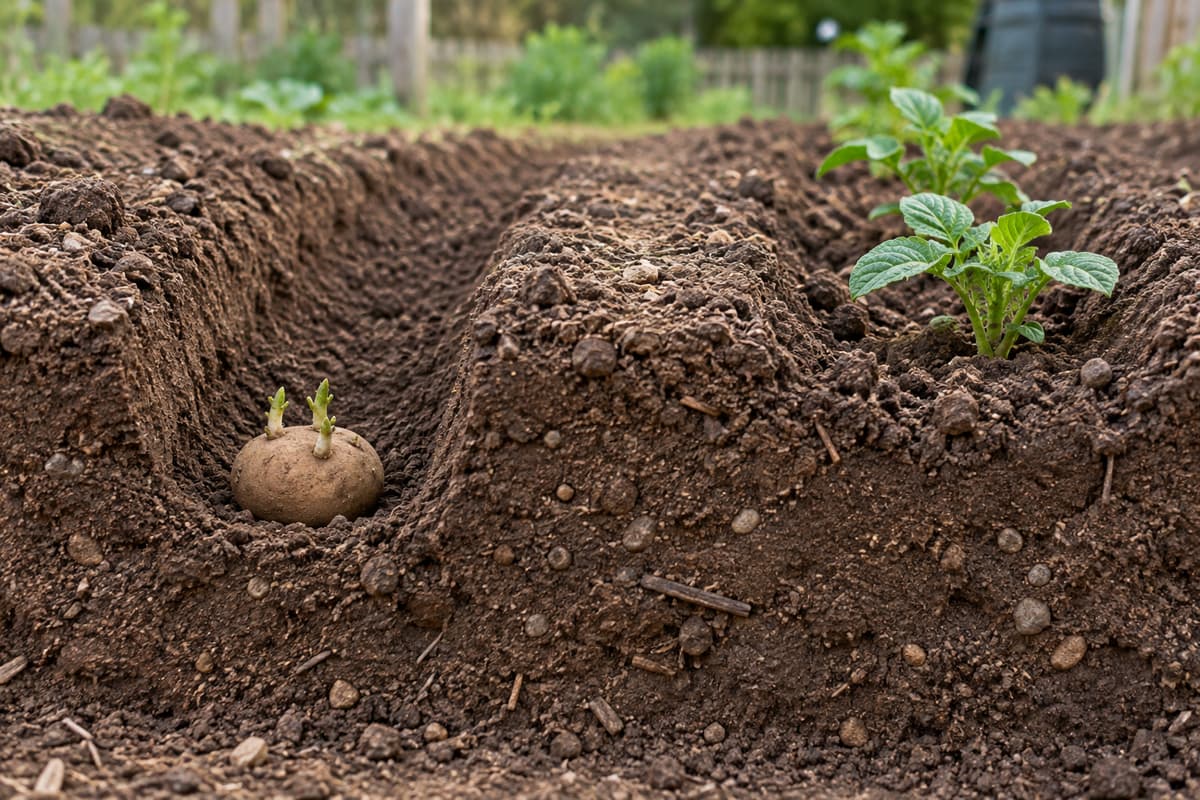 Vue en coupe latérale d'un sol de potager montrant un tubercule de pomme de terre germé placé dans un sillon peu profond, de jeunes pousses sortant de terre et un espacement net entre deux rangs.