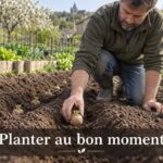 Jardinier agenouillé dans un potager au début du printemps, plantant un tubercule de pomme de terre germé dans une terre meuble, avec des rangs en arrière-plan et le texte 'Planter au bon moment' en surimpression.