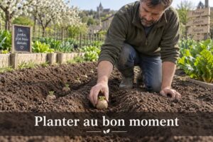 Jardinier agenouillé dans un potager au début du printemps, plantant un tubercule de pomme de terre germé dans une terre meuble, avec des rangs en arrière-plan et le texte 'Planter au bon moment' en surimpression.