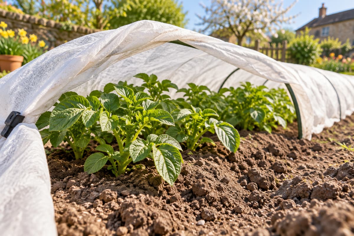 Jeunes pousses de pommes de terre sous un tunnel bas en voile horticole dans un potager ensoleillé, avec une terre légère et réchauffée.