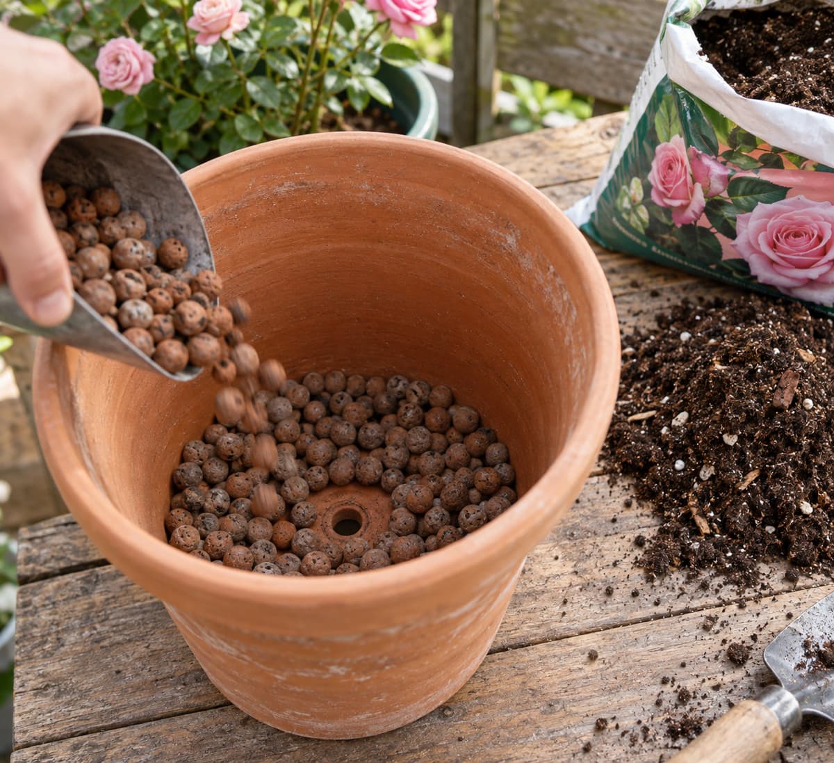Gros plan sur un pot vide avec un trou de drainage au fond, des billes d’argile versées formant une couche, et un tas de terreau spécial rosiers à proximité.