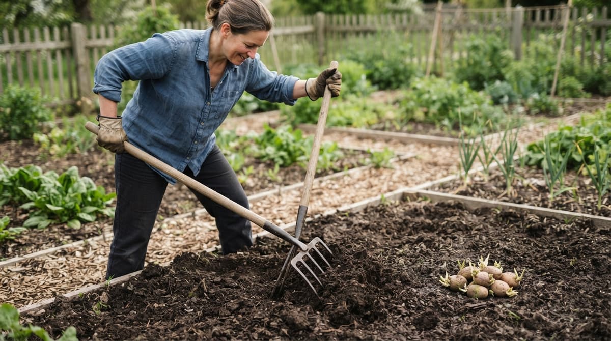 Un jardinier utilise une grelinette pour ameublir un sol de jardin, avec des plants de pommes de terre germés posés à proximité sur la terre affinée.