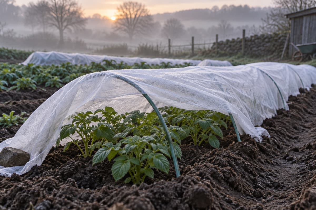 Voile d’hivernage léger posé sur de jeunes pousses de pommes de terre dans un potager au petit matin, avec des rangs de terre visibles à l’arrière-plan.