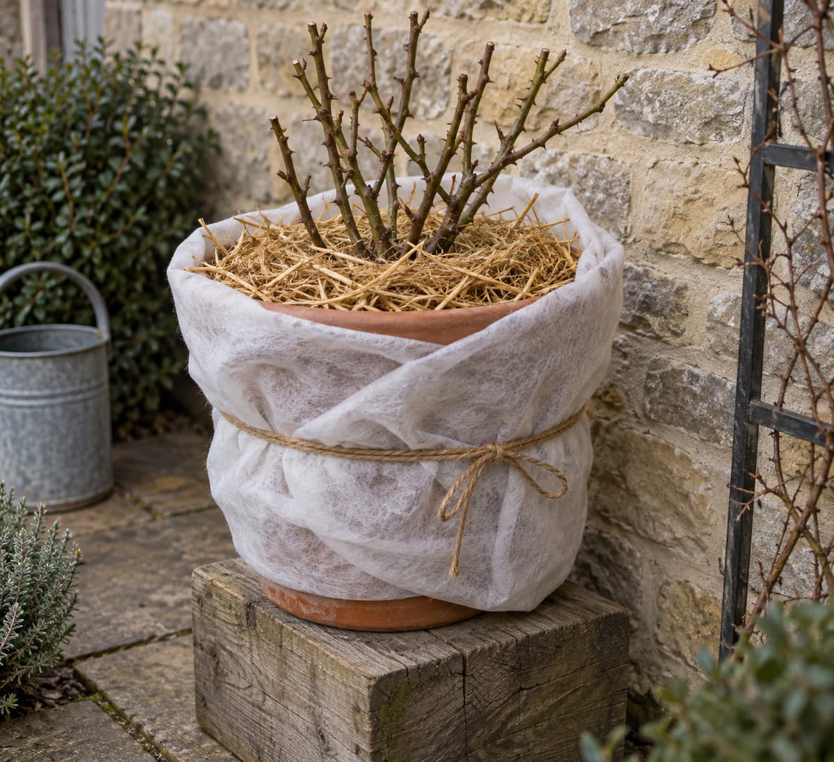 Pot de rosier enveloppé d’un voile d’hivernage, surélevé sur une cale en bois contre un mur, avec une couche de paillage sur le terreau.