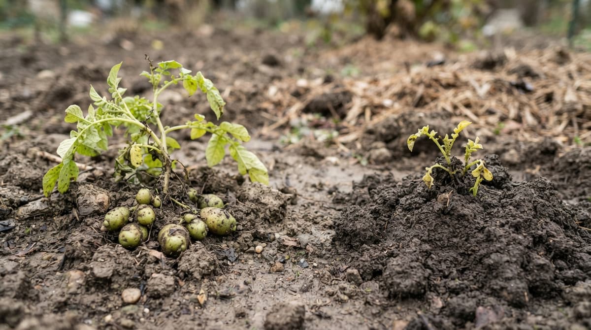 Deux plants de pomme de terre côte à côte, l'un avec des tubercules verdâtres exposés, l'autre chétif dans un sol trop profond.