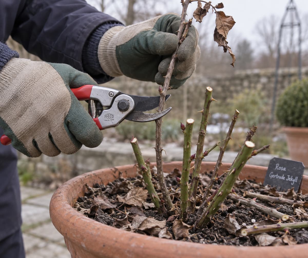 Des mains gantées coupent à l’aide d’un sécateur une branche fine morte sur un rosier en pot déjà éclairci, avec quelques branches coupées au sol.