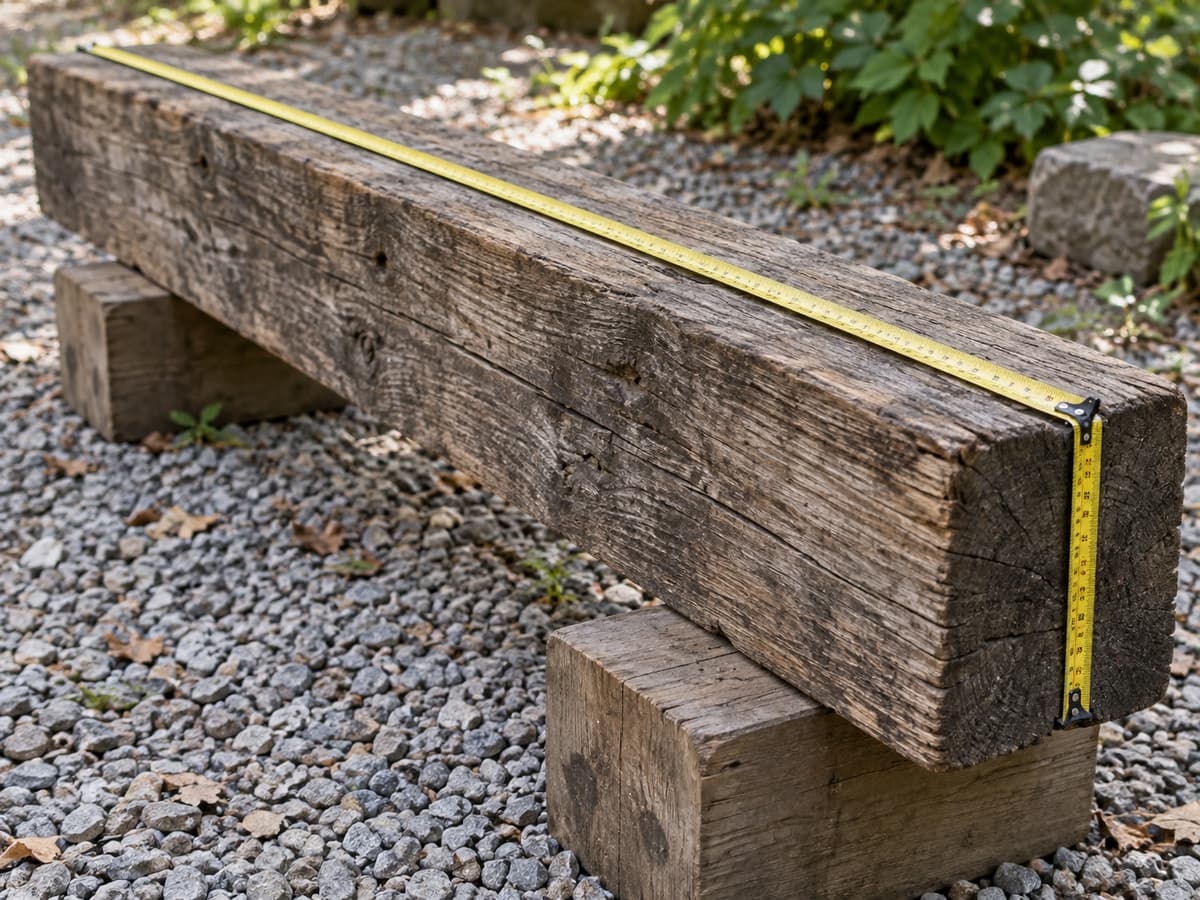 Une traverse paysagère en bois rectangulaire posée sur deux cales, avec un mètre ruban déroulé le long de sa longueur et de son épaisseur.