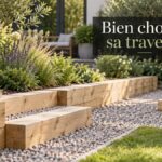 Traverses en bois propres disposées en bordure basse et en marche dans un jardin contemporain, avec sol en gravier et végétation environnante.