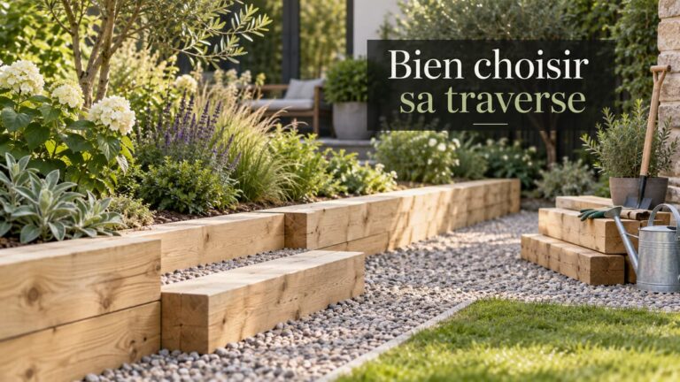 Traverses en bois propres disposées en bordure basse et en marche dans un jardin contemporain, avec sol en gravier et végétation environnante.