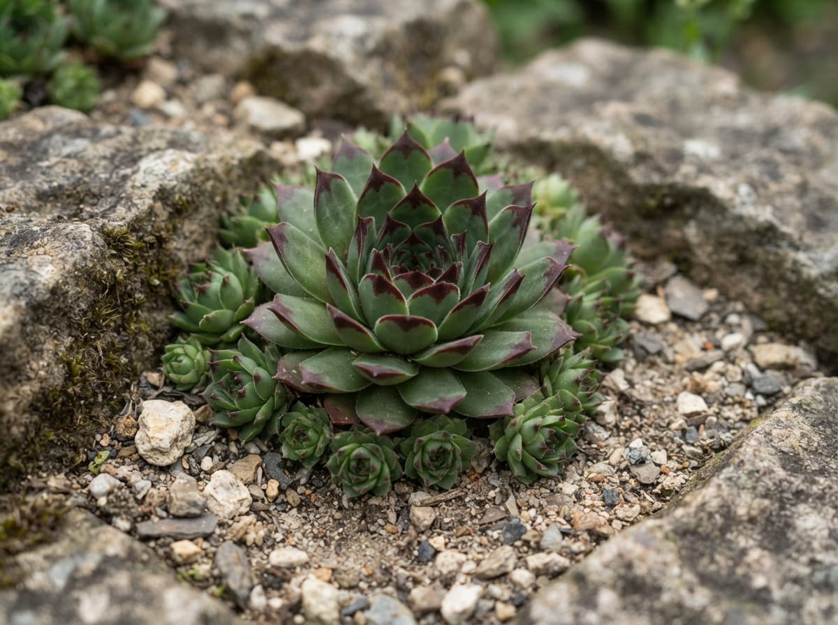 Vue rapprochée légèrement plongeante d’une grande rosette de joubarbe aux feuilles charnues pointues et aux pointes rougeâtres, entourée de petites rosettes, installée dans un substrat graveleux entre des pierres.