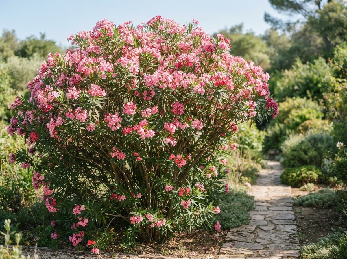 Arbuste de laurier rose adulte en fleurs roses près d’un passage de jardin ensoleillé, montrant son feuillage étroit et son volume.