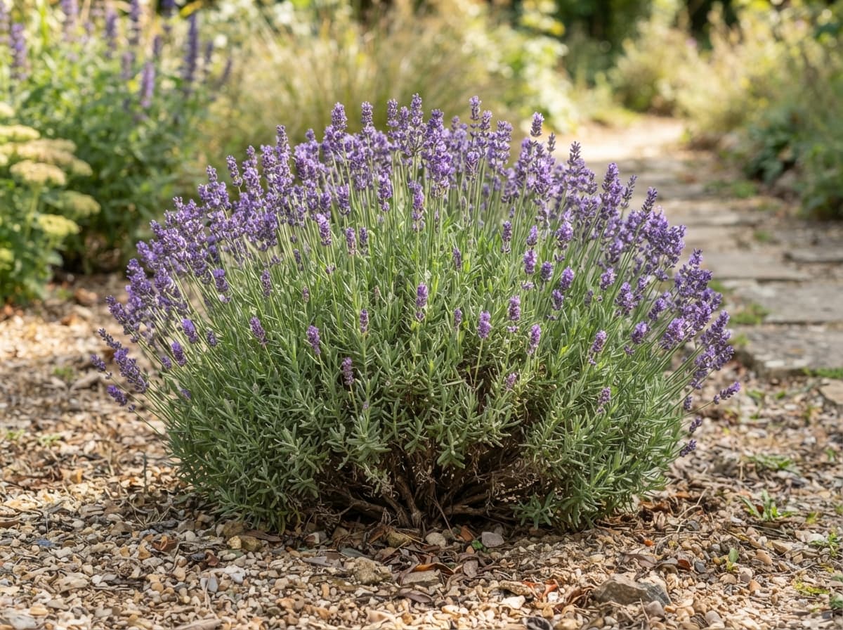 Touffe adulte de lavande vraie en fleurs, au port arrondi, aux épis violets fins et au feuillage gris-vert, plantée dans un sol caillouteux.