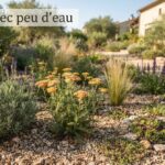 Massif ensoleillé de jardin sec associant des lavandes aux épis violets, des achillées abricot et des joubarbes en rosettes sur un sol couvert de gravier, avec le texte « Fleurir avec peu d’eau ».
