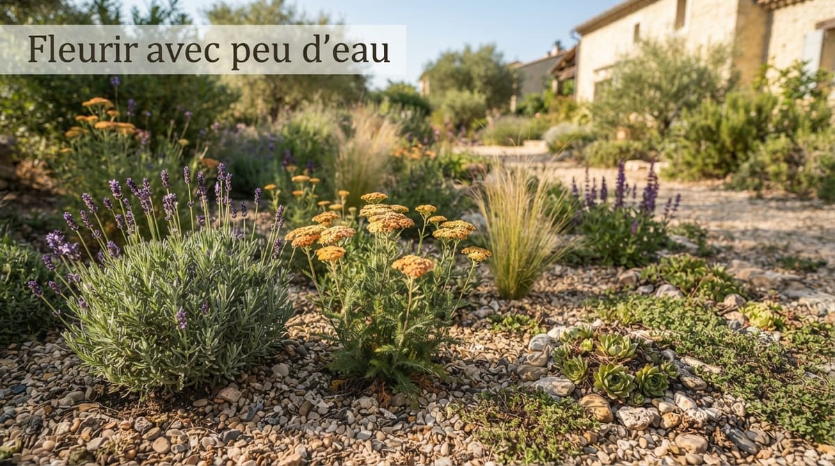 Massif ensoleillé de jardin sec associant des lavandes aux épis violets, des achillées abricot et des joubarbes en rosettes sur un sol couvert de gravier, avec le texte « Fleurir avec peu d’eau ».