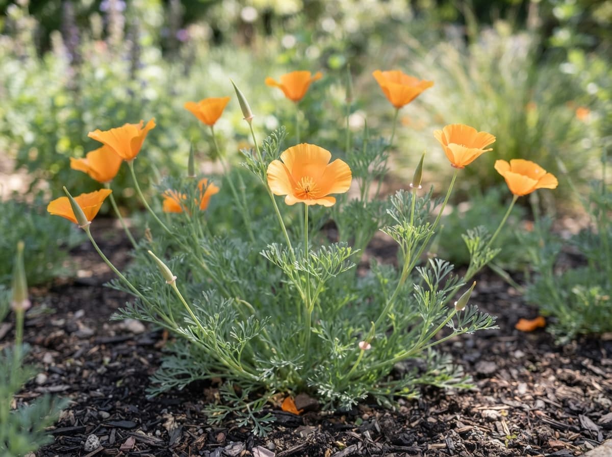 Petit groupe de pavots de Californie aux fleurs orange en coupe, boutons allongés et feuillage bleu-vert très découpé dans une bordure ensoleillée.