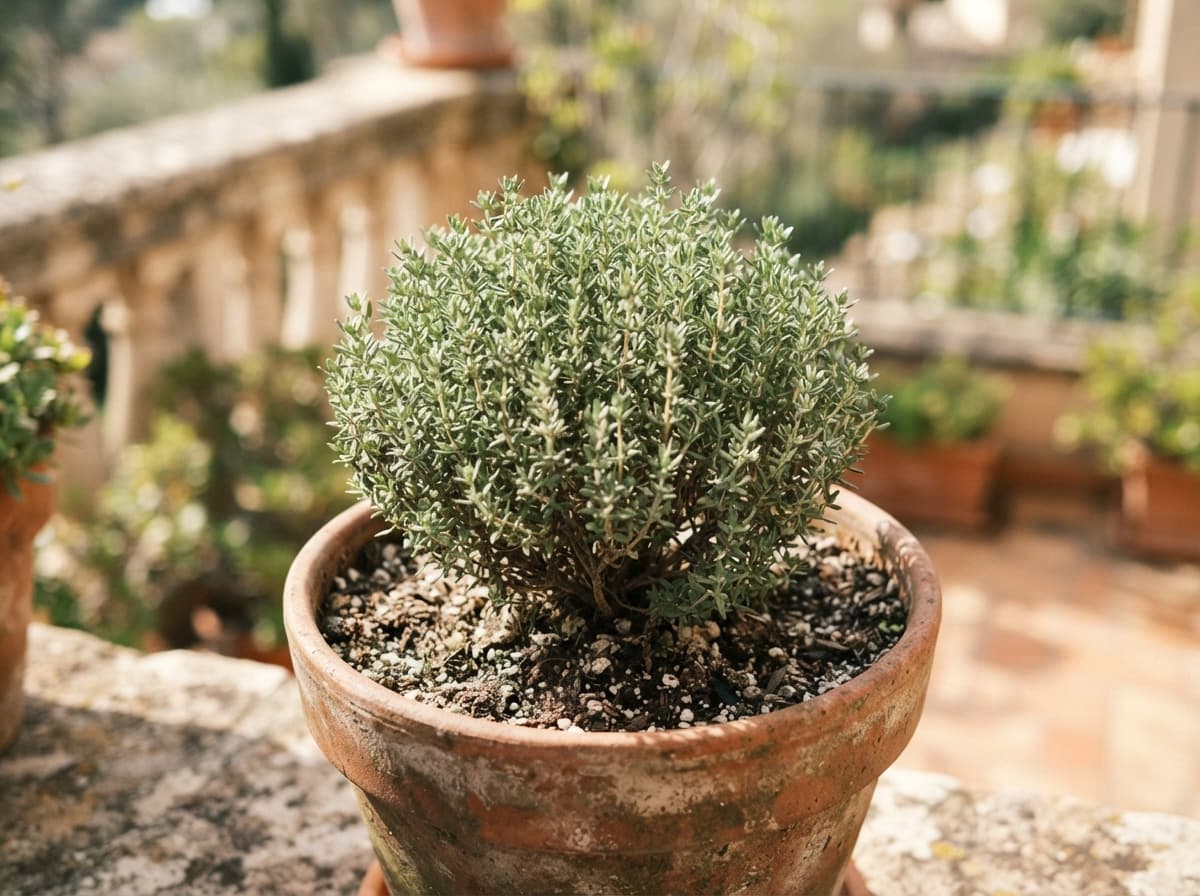 Jeune plant de thym en touffe compacte dans un pot en terre cuite posé sur un balcon ensoleillé, vu légèrement de dessus avec ses petites feuilles fines et ses rameaux ligneux.
